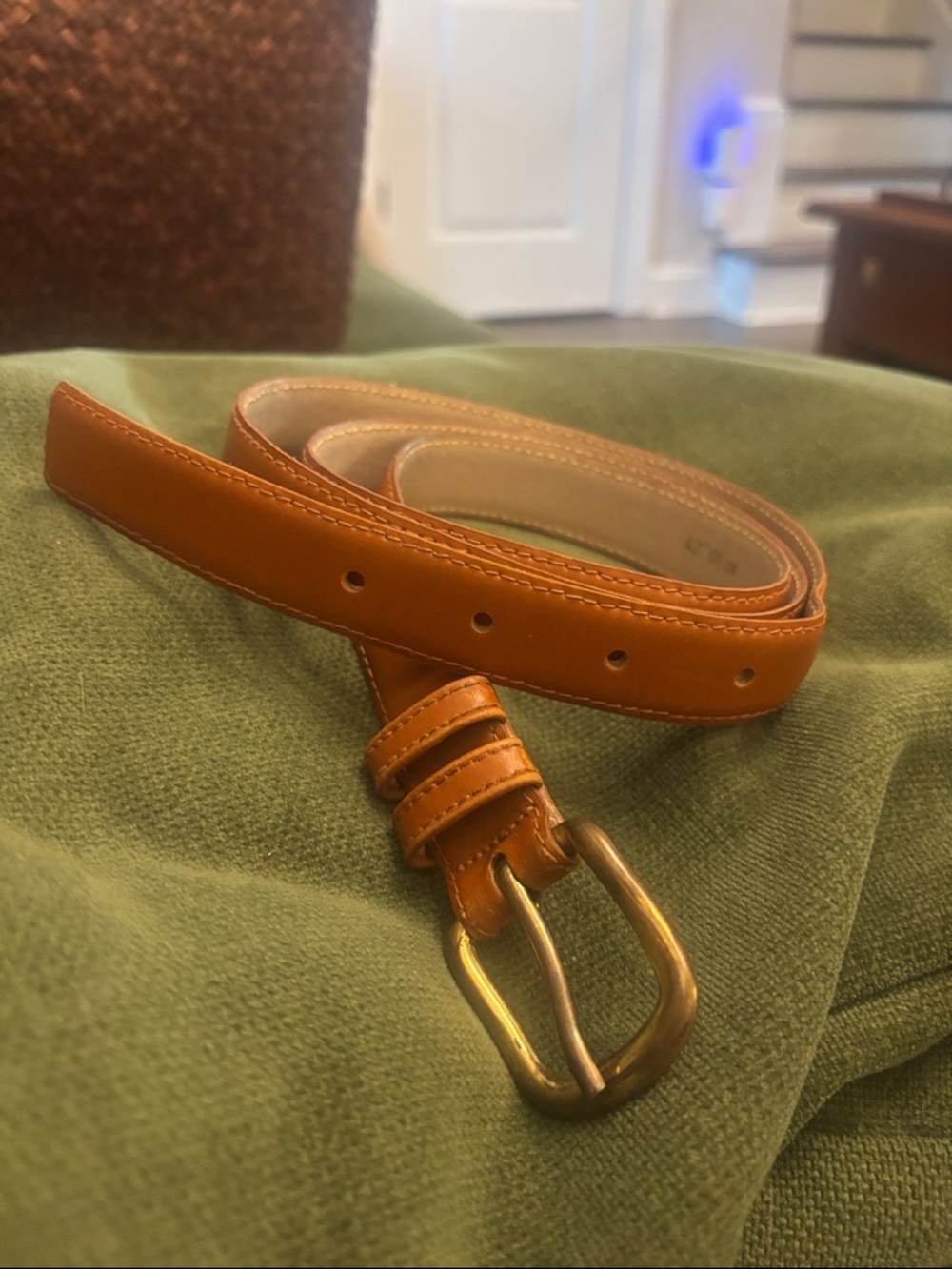 Men's Slim Tan Leather Belt with Brass Buckle